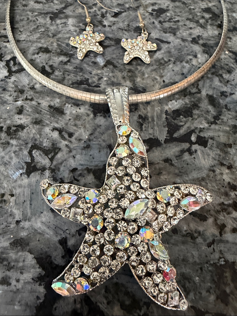 Crystal Starfish Iridescent Silvertone Necklace & Earrings Coastal Glam - Picture 3 of 6